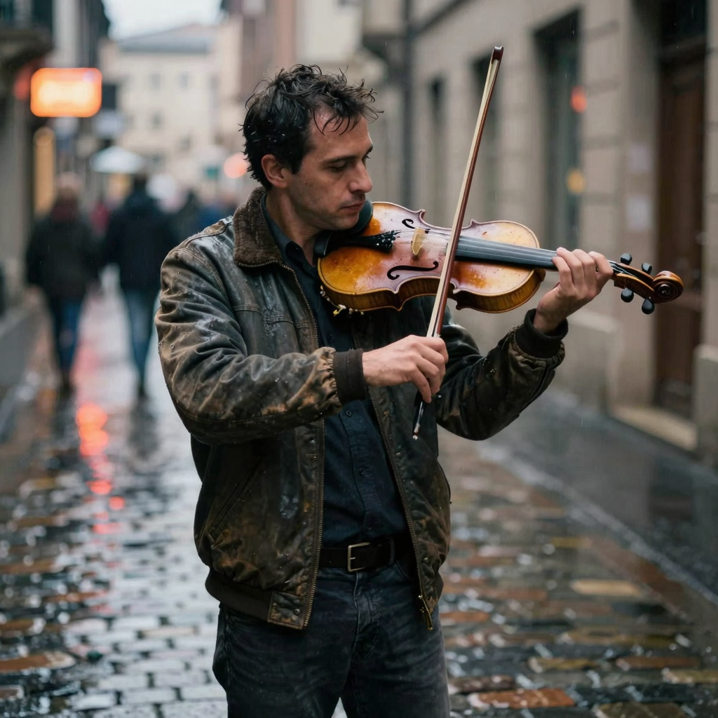 Street Violinist in the Rain