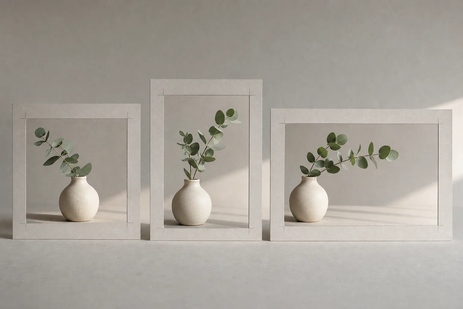 The same ceramic vase composed inside square, portrait, and landscape crop frames
