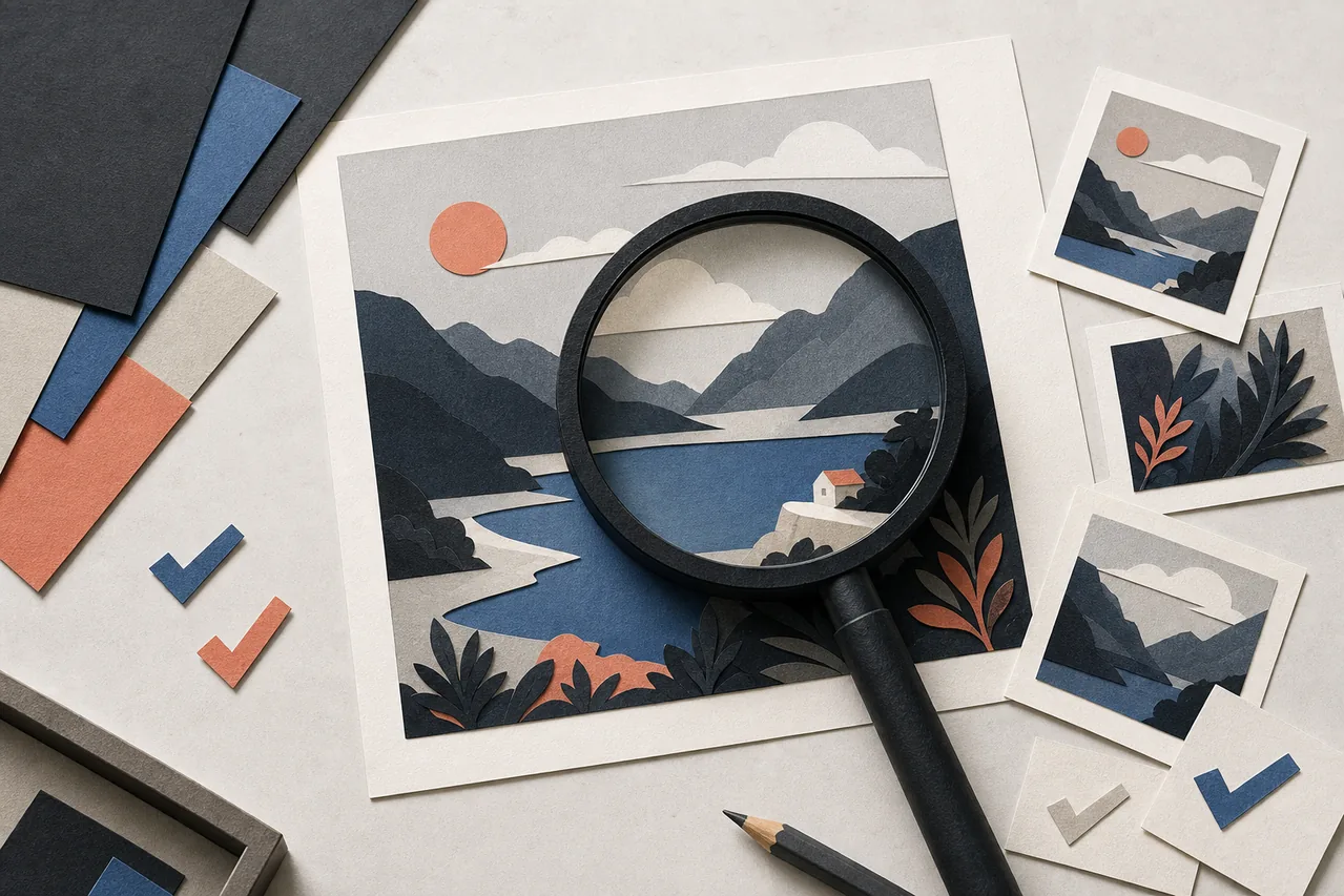 Paper-cut landscape illustration under a magnifying glass with crop proofs and check marks