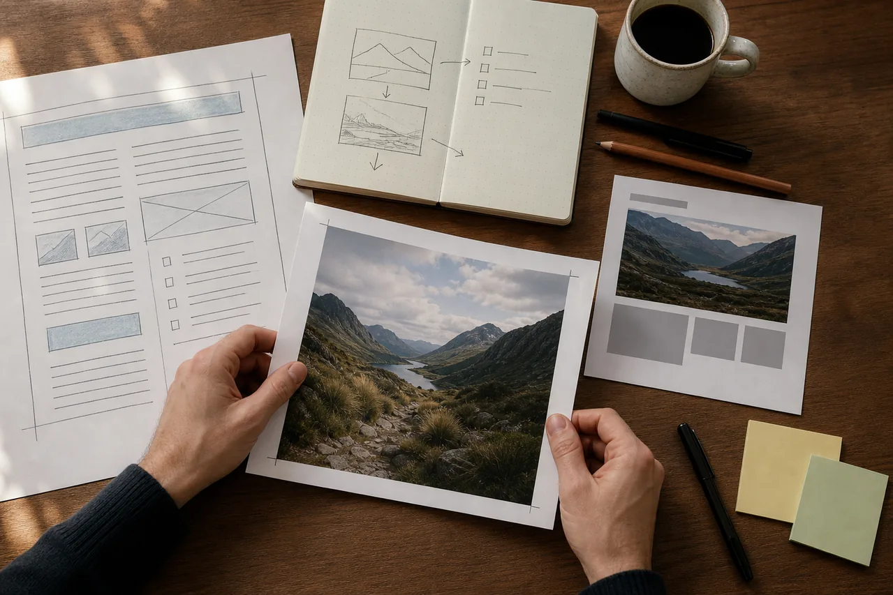Editor arranging an article wireframe, visual plan, and landscape illustration on a wooden desk