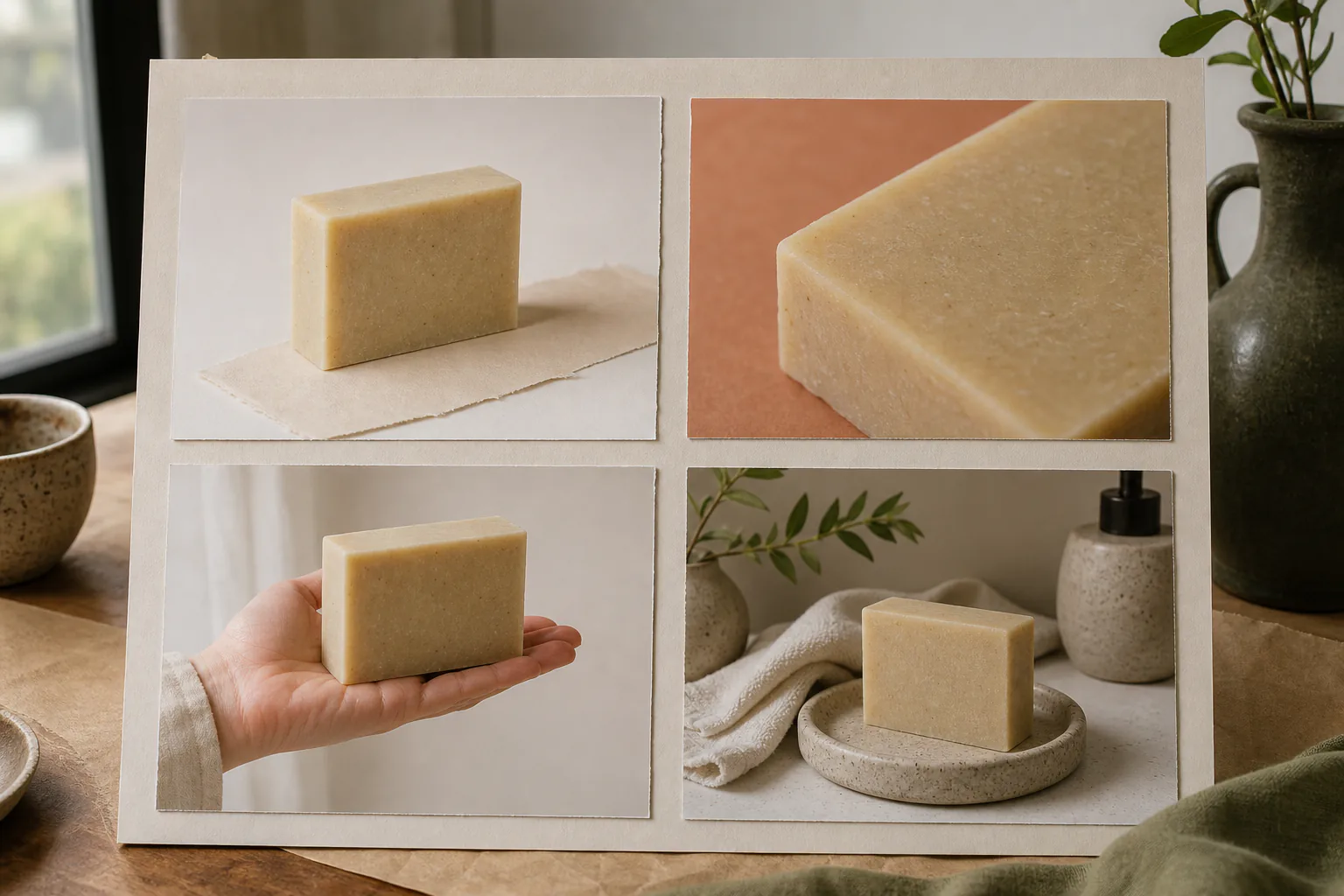 Small handmade soap product arranged in catalog, detail, scale, and lifestyle photo setups