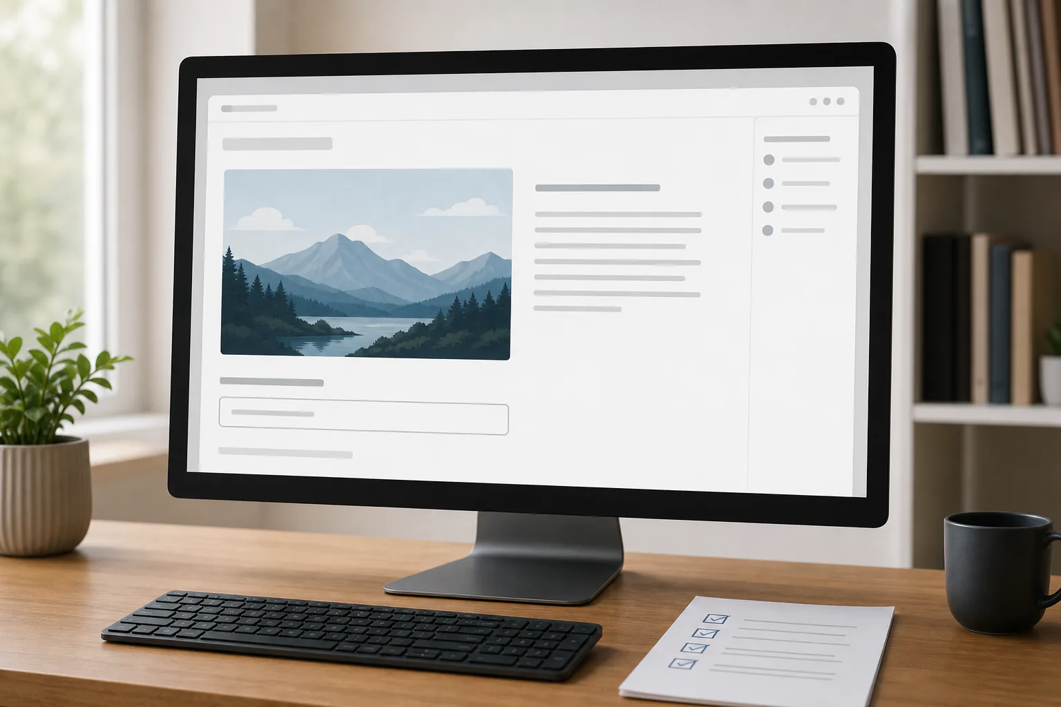 Browser article layout with an image, a short alt-text field, and an accessibility review checklist