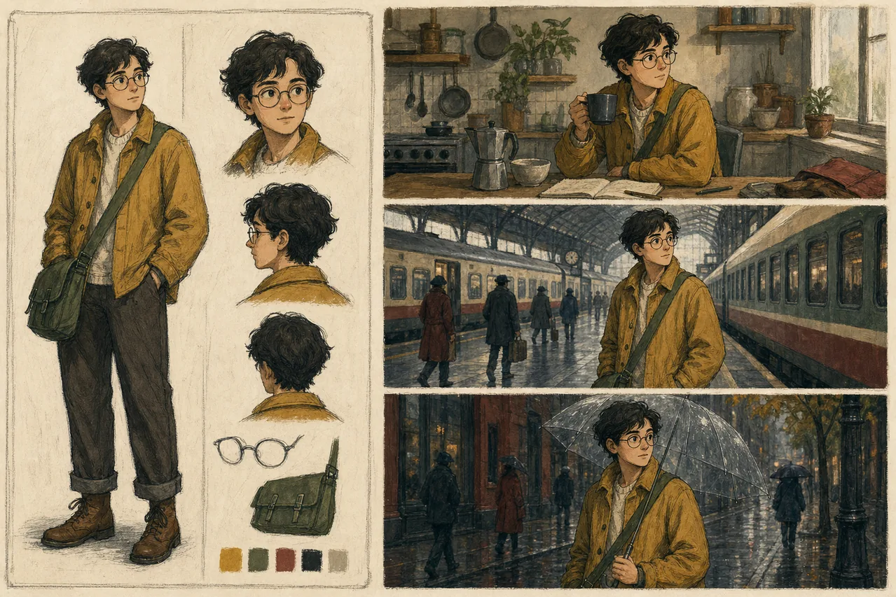 Character reference sheet showing the same traveler in a kitchen, train station, and rainy street