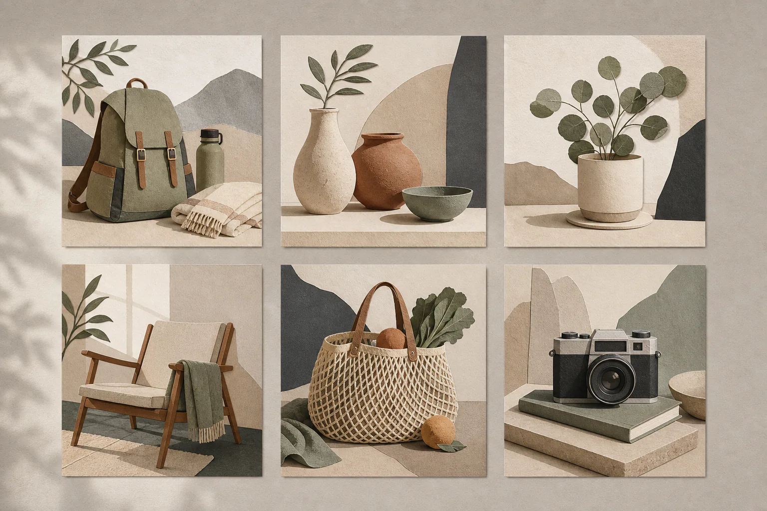 Six editorial image cards sharing the same muted palette, lighting, margins, and paper texture