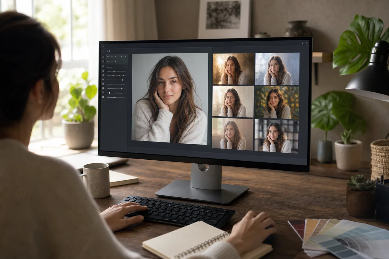Person comparing portrait lighting and background edits on a monitor