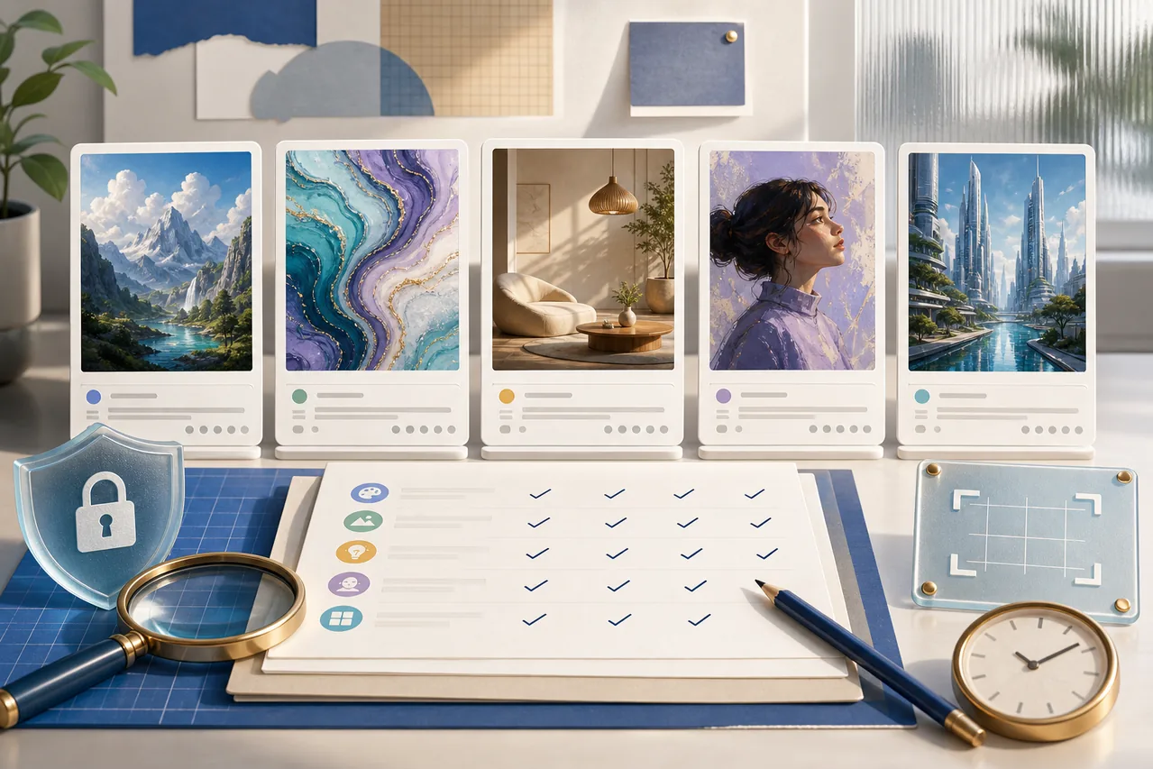 Five varied image result cards beside a magnifying glass, privacy shield, clock, crop frame, and evaluation checklist