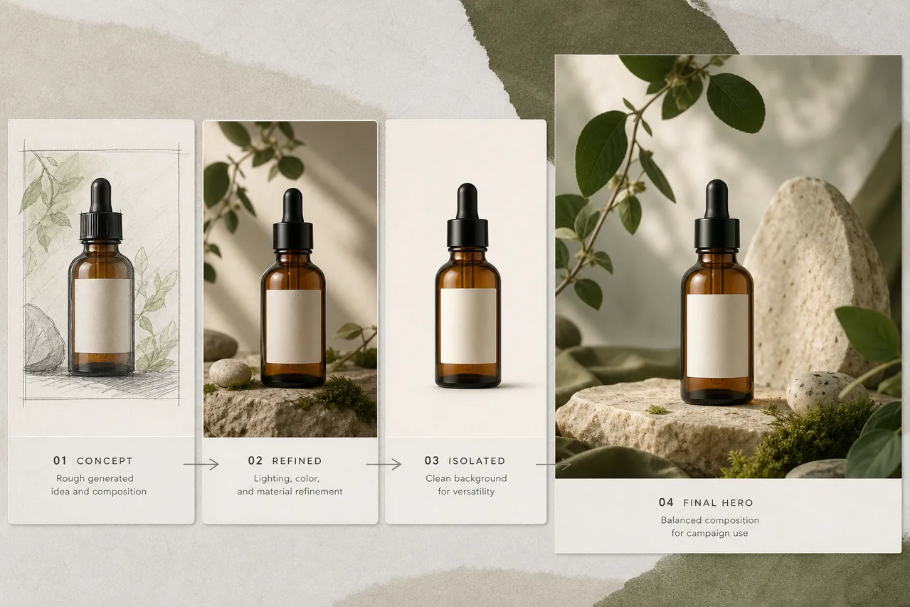 Amber skincare bottle progressing from a rough concept through refined lighting, isolation, and a final botanical hero image