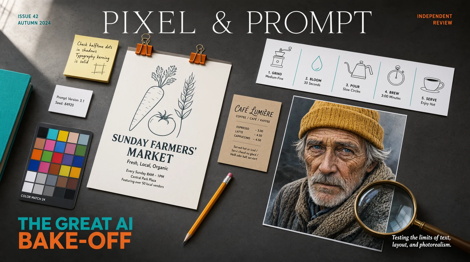 Design desk displaying an AI-generated market poster, multilingual menu, infographic, and detailed portrait