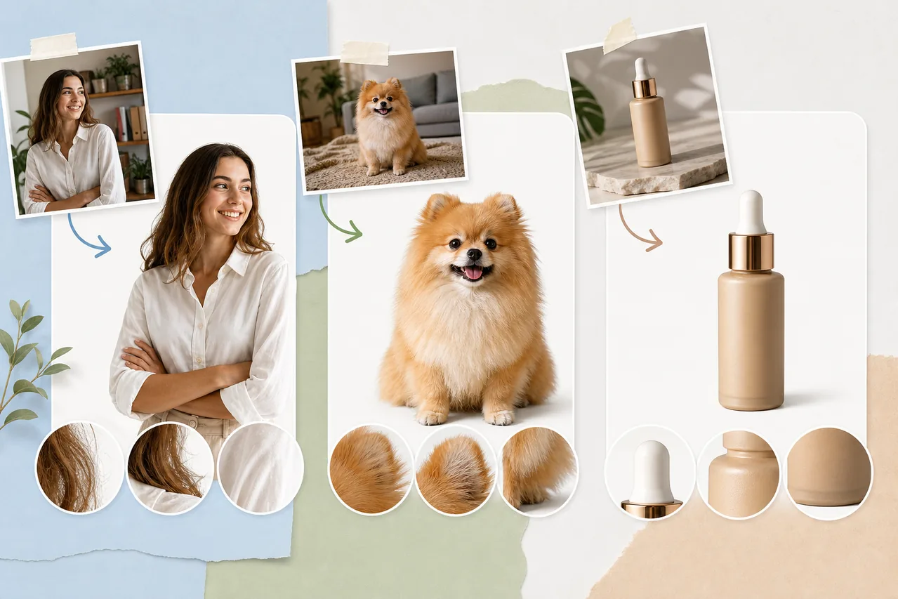 Background removal examples for a person, fluffy dog, and cosmetic bottle with enlarged edge details