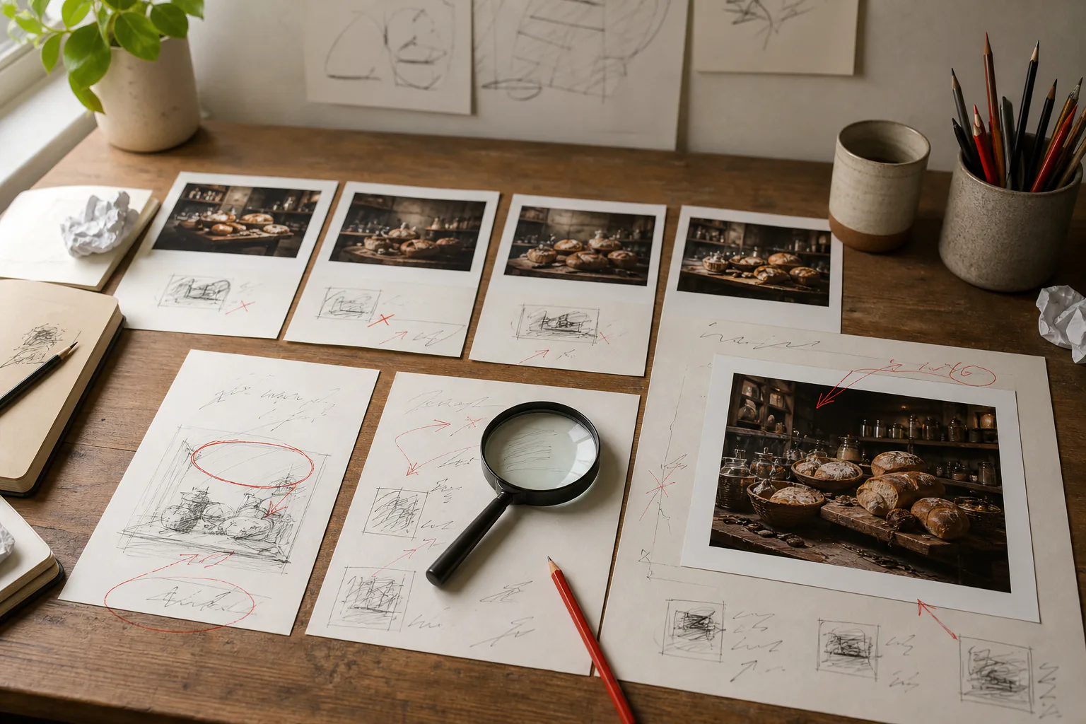 Desk with prompt notes, image variations, and red pencil corrections arranged as a working review