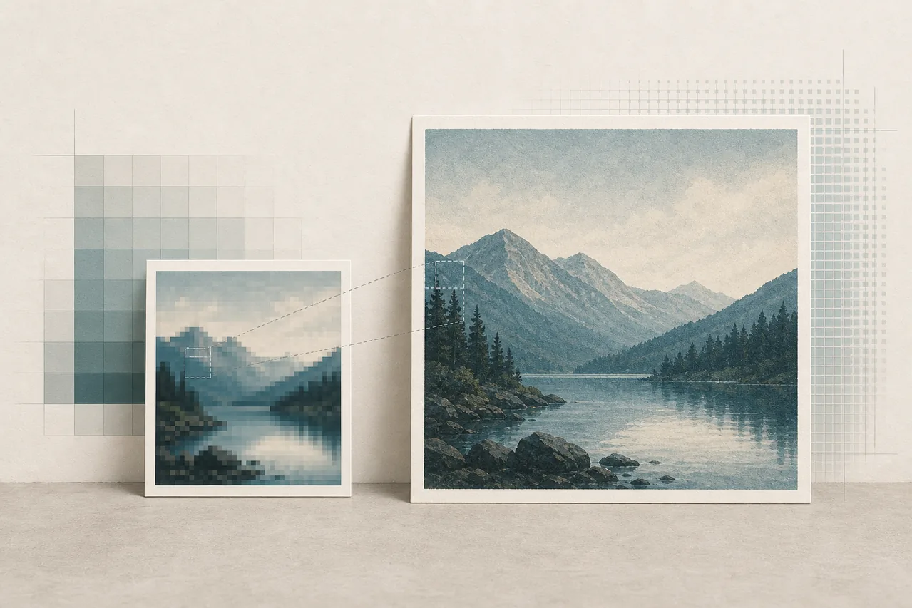 Small pixelated landscape print beside a larger detailed version with subtle pixel grids