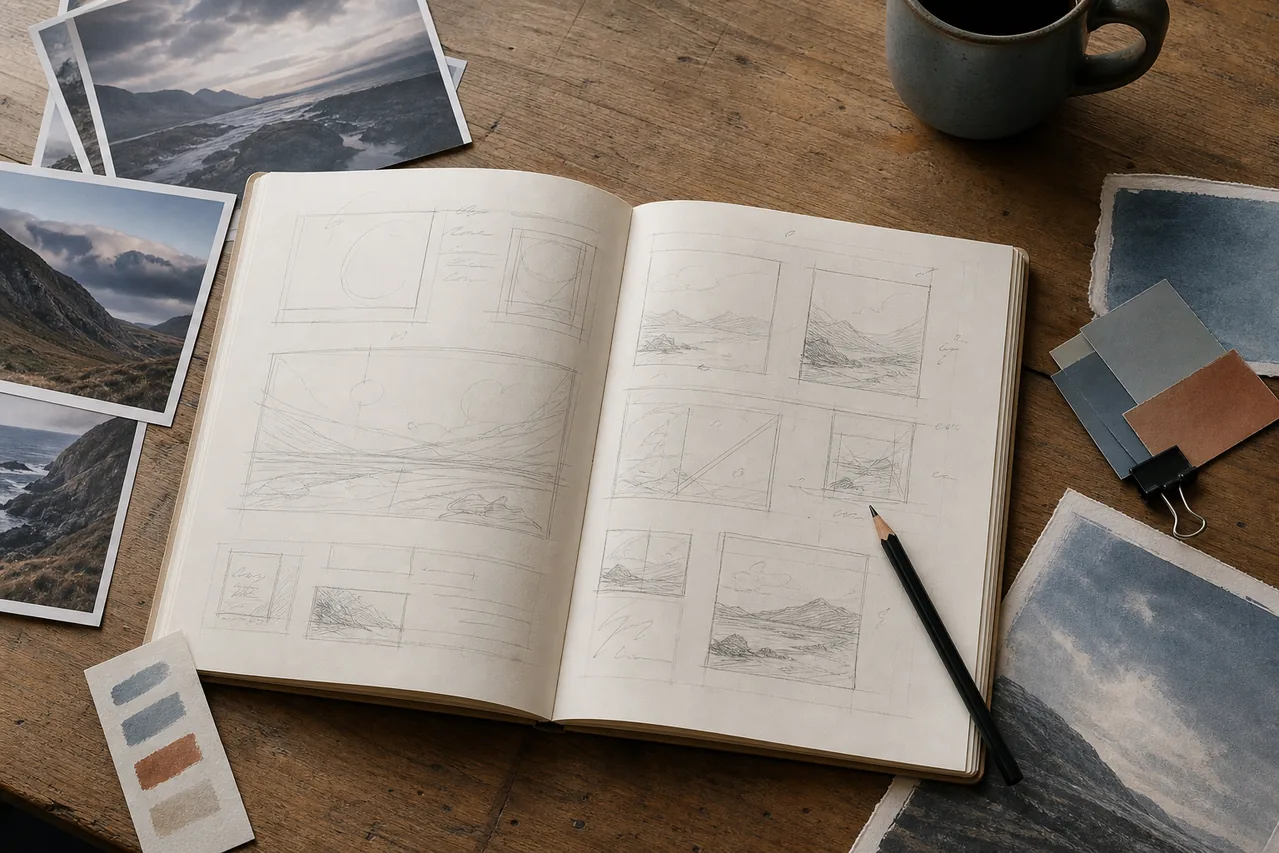 Notebook with image composition sketches, reference prints, and muted color swatches on a wooden desk